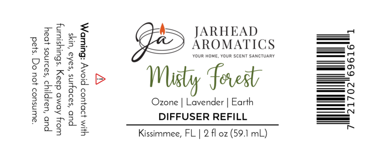Jarhead Aromatics Misty Forest Diffuser Refill | Ozone, Lavender & Juniper. Earthy home fragrance oil. 2 fl oz (59.1 mL). Kissimmee, FL. Woodland aromatics. Includes warning, barcode, and product info on label.