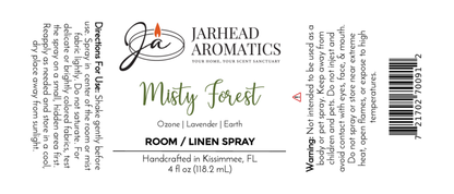 Label for Jarhead Aromatics Misty Forest Room & Linen Spray | Moss, Juniper & Rainfall Home Fragrance Spray. Includes directions, warnings, ingredients (moss, juniper, rainfall), 4 fl oz size, barcode, and brand logo.