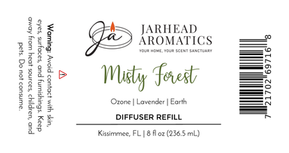 Jarhead Aromatics Misty Forest Diffuser Refill features ozone, lavender, and juniper scents. Label includes usage instructions and a warning to avoid skin contact.