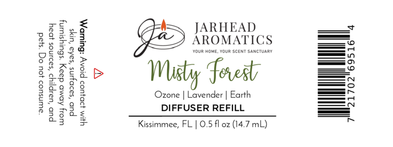 Label for Jarhead Aromatics Misty Forest Cold Air Diffuser Refill, scents: earthy woods & fresh rain. Avoid contact with skin/eyes. 0.5 fl oz (14.7 mL). Barcode on right.