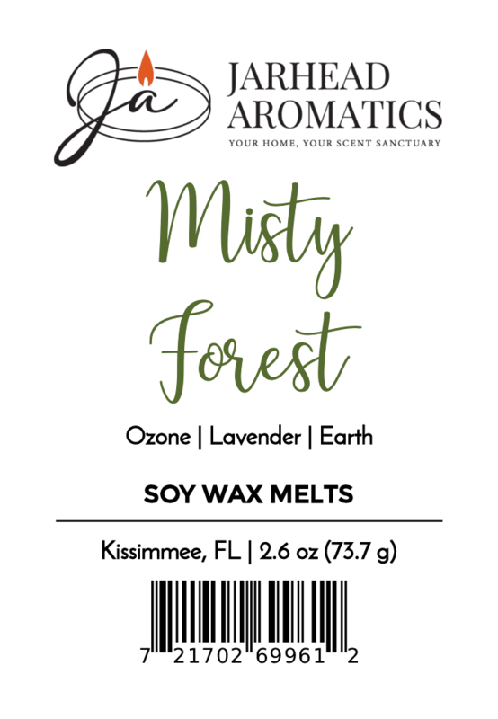 A label for Jarhead Aromatics' Misty Forest Soy Wax Melt | Earthy Moss & Rainforest Wax Melts, with a nature-inspired scent, weight (2.6 oz), Kissimmee, FL location, and barcode.