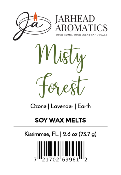 A label for Jarhead Aromatics' Misty Forest Soy Wax Melt | Earthy Moss & Rainforest Wax Melts, with a nature-inspired scent, weight (2.6 oz), Kissimmee, FL location, and barcode.