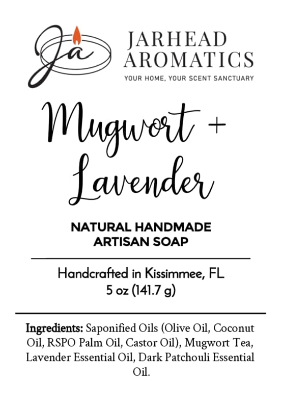 Jarhead Aromatics presents the Mugwort + Lavender Handmade Natural Artisan Soap | Calming Lavender & Earthy Patchouli Herbal Soap, expertly crafted in Kissimmee, FL. This natural artisan soap combines nourishing oils with mugwort tea, soothing lavender, and earthy patchouli essential oil. Each bar is thoughtfully handmade from pure ingredients by Jarhead Aromatics to deliver a gentle and natural skincare experience.