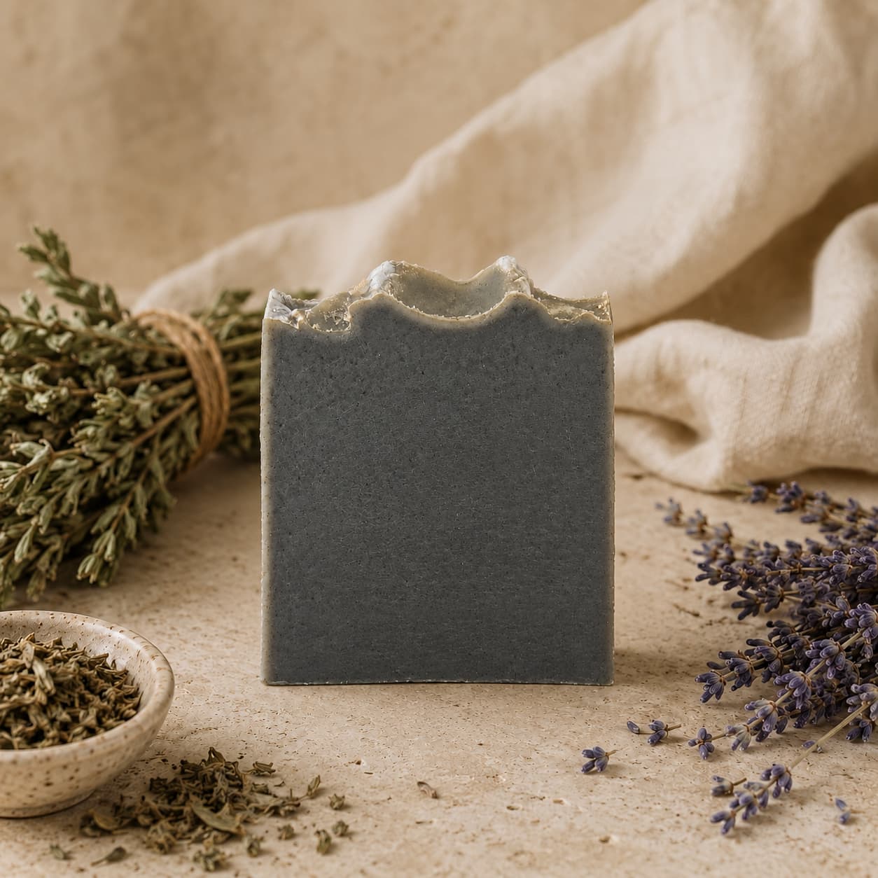 A grey Mugwort + Lavender Handmade Natural Artisan Soap by Jarhead Aromatics, featuring a wavy top, rests on a beige surface. The calming lavender and earthy patchouli herbal bar is surrounded by dried lavender, a bundle of herbs, and a small bowl of loose leaves, with a cream-colored cloth completing the soothing display in the background.