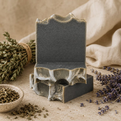 Two bars of Jarhead Aromatics’ Mugwort + Lavender Handmade Natural Artisan Soap are stacked together, encircled by dried lavender, herbs, and a soft beige cloth on a neutral tabletop. The rustic arrangement perfectly highlights the calming lavender and earthy patchouli herbal essence of this natural, handcrafted soap.