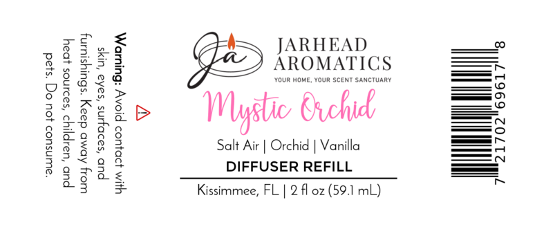 Label for Jarhead Aromatics Mystic Orchid Diffuser Refill | Orchid, Sea Air & Vanilla Home Fragrance Oil Refill. Warning: avoid skin/eye contact and heat. Keep from children/pets. Size: 2 fl oz (59.1 mL).