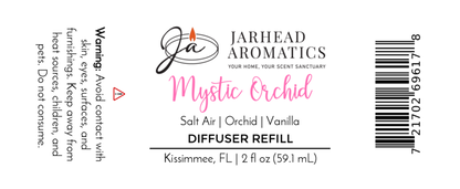 Label for Jarhead Aromatics Mystic Orchid Diffuser Refill | Orchid, Sea Air & Vanilla Home Fragrance Oil Refill. Warning: avoid skin/eye contact and heat. Keep from children/pets. Size: 2 fl oz (59.1 mL).
