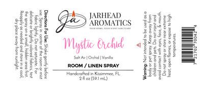A label for Jarhead Aromatics Mystic Orchid Room & Linen Spray—an Orchid, Sea Air & Vanilla fragrance. Includes use instructions, warning, barcode, logo, and states it’s proudly made in Kissimmee, FL.