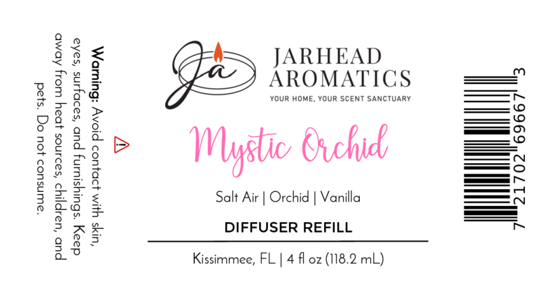 Jarhead Aromatics Mystic Orchid Diffuser Refill | Orchid, Sea Air & Vanilla Home Fragrance Oil Refill. 4 fl oz (118.2 mL). Warning: Avoid contact and misuse. Barcode included.