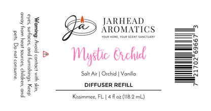Jarhead Aromatics Mystic Orchid Diffuser Refill | Orchid, Sea Air & Vanilla Home Fragrance Oil Refill. 4 fl oz (118.2 mL). Warning: Avoid contact and misuse. Barcode included.