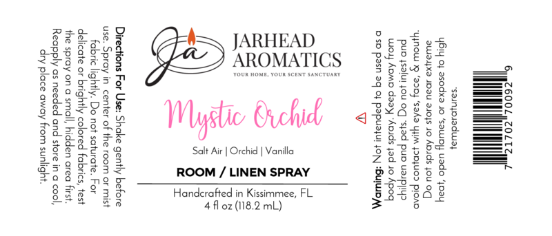 Label for Jarhead Aromatics Mystic Orchid Room & Linen Spray | Orchid, Sea Air & Vanilla Home Fragrance Spray. Includes directions, warnings, scent notes, and product info with black, pink, and gray logo on white.