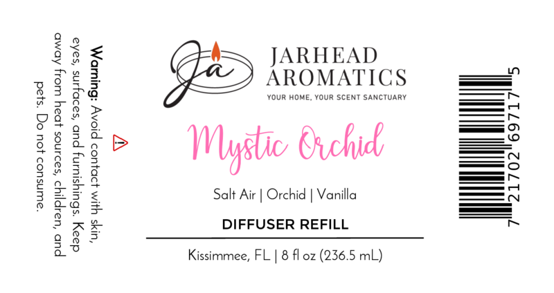Label for Jarhead Aromatics Mystic Orchid Diffuser Refill | Orchid, Sea Air & Vanilla Home Fragrance Oil. Avoid contact with skin, eyes, surfaces, and pets. Includes company info and barcode.