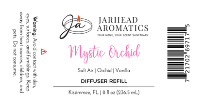 Label for Jarhead Aromatics Mystic Orchid Diffuser Refill | Orchid, Sea Air & Vanilla Home Fragrance Oil. Avoid contact with skin, eyes, surfaces, and pets. Includes company info and barcode.
