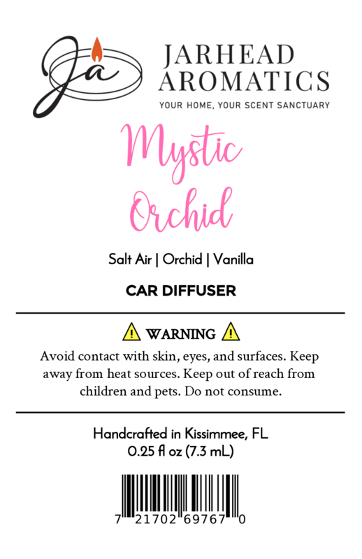 Jarhead Aromatics Mystic Orchid Car Diffuser | Coastal Floral & Vanilla Musk features salt air, orchid, and vanilla notes. Label includes logo, barcode, warnings, usage cautions, and a handcrafted in Kissimmee, FL note.