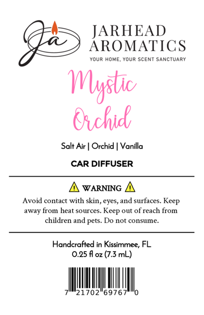 Jarhead Aromatics Mystic Orchid Car Diffuser | Coastal Floral & Vanilla Musk features salt air, orchid, and vanilla notes. Label includes logo, barcode, warnings, usage cautions, and a handcrafted in Kissimmee, FL note.