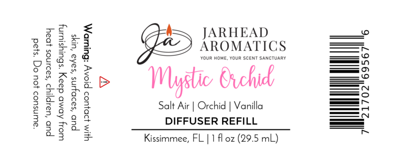Jarhead Aromatics Mystic Orchid Car Diffuser Refill | Coastal Floral & Vanilla Car Air Freshener. Features salt air, orchid, and vanilla notes. 1 fl oz (29.5 mL), made in Kissimmee, FL. Includes warning, barcode, and product details.