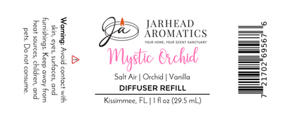 Jarhead Aromatics Mystic Orchid Car Diffuser Refill | Coastal Floral & Vanilla Car Air Freshener. Features salt air, orchid, and vanilla notes. 1 fl oz (29.5 mL), made in Kissimmee, FL. Includes warning, barcode, and product details.