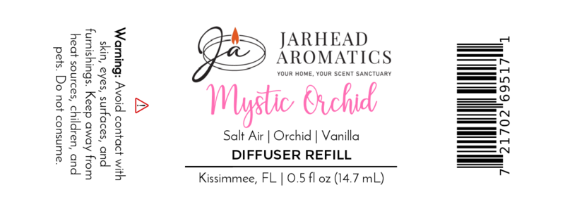 Jarhead Aromatics Mystic Orchid Cold Air Diffuser Refill | Coastal Floral & Vanilla Luxury Diffuser Oil. Scent: salt air, orchid, vanilla. Avoid skin, eye, pet contact. Size: 0.5 fl oz (14.7 mL). Made in Kissimmee, FL.
