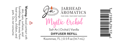 Jarhead Aromatics Mystic Orchid Cold Air Diffuser Refill | Coastal Floral & Vanilla Luxury Diffuser Oil. Scent: salt air, orchid, vanilla. Avoid skin, eye, pet contact. Size: 0.5 fl oz (14.7 mL). Made in Kissimmee, FL.