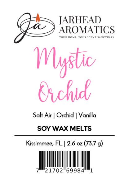 Jarhead Aromatics Mystic Orchid Soy Wax Melt label highlights floral coastal scent with orchid, vanilla, and salt air notes. Label features logo, product weight, location, barcode, and the product name: Mystic Orchid Soy Wax Melt | Coastal Orchid & Vanilla Wax Melts.