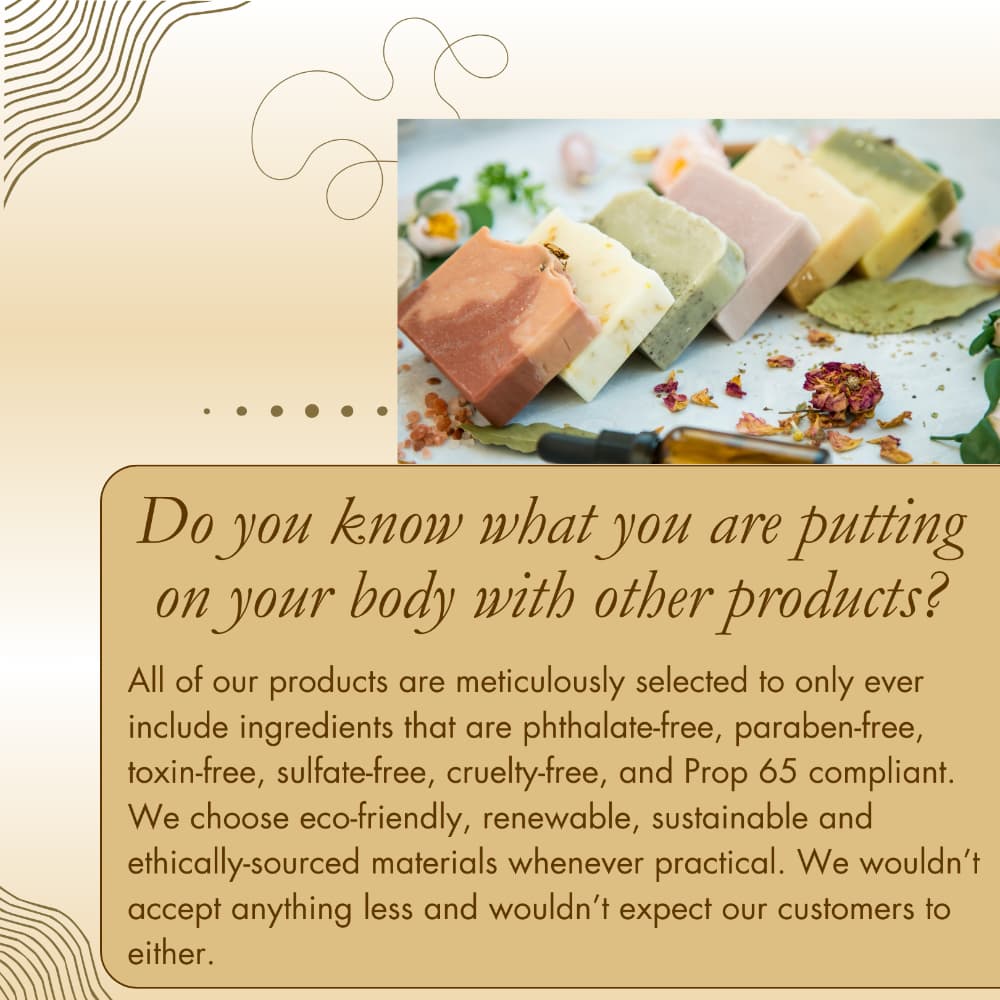 A photo of three colorful bars of soap on a wooden dish, surrounded by herbs and flowers. Below, text highlights that Jarhead Aromatics’ products are eco-friendly, sustainable, toxin-free, and ethically sourced.