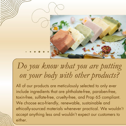A photo of three colorful bars of soap on a wooden dish, surrounded by herbs and flowers. Below, text highlights that Jarhead Aromatics’ products are eco-friendly, sustainable, toxin-free, and ethically sourced.