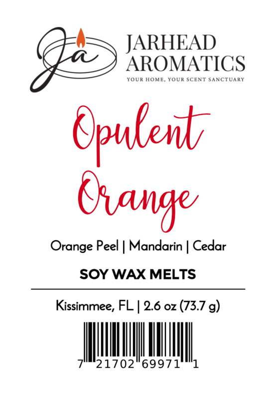 Label for Jarhead Aromatics Opulent Orange Soy Wax Melt | Fresh citrus & orange peel scented wax melts with notes of mandarin and cedar. Long-lasting, 2.6 oz from Kissimmee, FL. Barcode included.