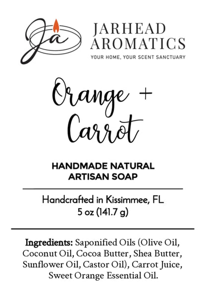 Orange + Carrot Handmade Natural Artisan Soap by Jarhead Aromatics | Sweet Orange & Carrot Juice Soap Handcrafted in Kissimmee, FL | Net Wt. 5 oz (141.7g) Ingredients: Olive oil, cocoa butter, carrot juice, and other natural ingredients.