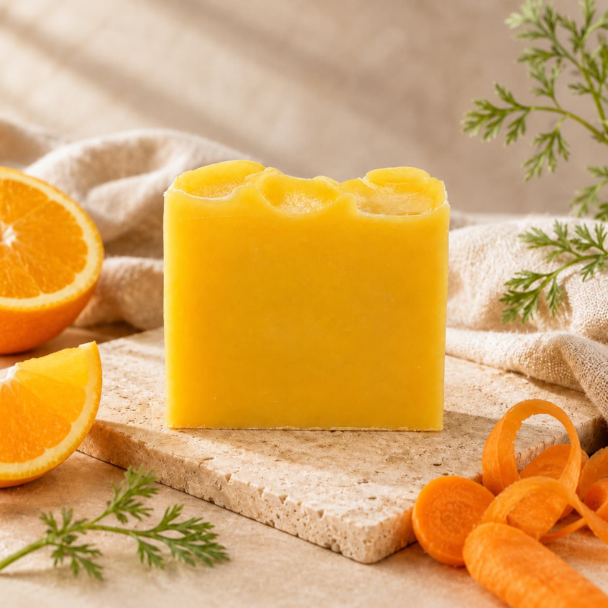 A bar of Jarhead Aromatics’ Orange + Carrot Handmade Natural Artisan Soap is displayed on a stone slab, surrounded by orange slices, carrot curls, and fresh green carrot tops, with a soft beige cloth in the background.