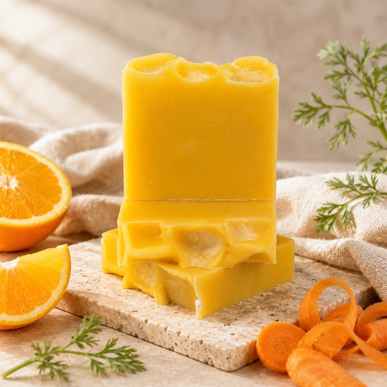 Two bright yellow-orange bars of Jarhead Aromatics Orange + Carrot Handmade Natural Artisan Soap are stacked on a stone slab, surrounded by fresh orange slices, curly carrot ribbons, and vibrant green carrot leaves, creating a bright and fresh natural setting illuminated by soft sunlight.