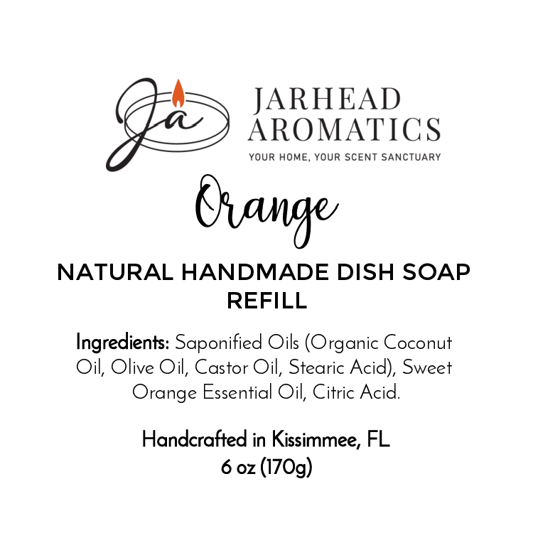 Jarhead Aromatics Orange Handmade Natural Solid Dish Soap is a plastic-free, citrus bar made with organic oils and sweet orange essential oil. Handcrafted in Kissimmee, FL. 6oz refill.