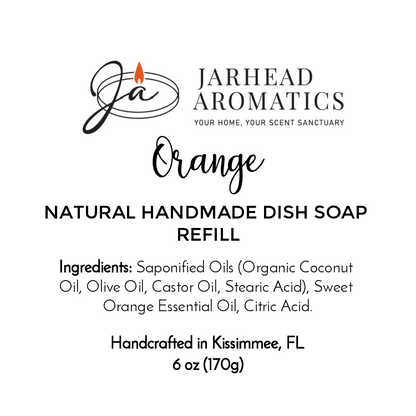 Jarhead Aromatics Orange Handmade Natural Solid Dish Soap is a plastic-free, citrus bar made with organic oils and sweet orange essential oil. Handcrafted in Kissimmee, FL. 6oz refill.