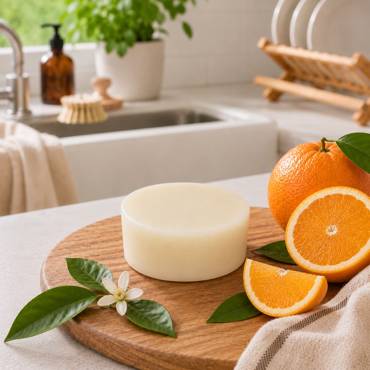 A round bar of Jarhead Aromatics’ Orange Handmade Natural Solid Dish Soap, infused with citrus essential oils, rests on a wooden board next to a fresh orange, sliced oranges, green leaves, and a small white flower in a bright kitchen setting with a sink and dish rack in the background.