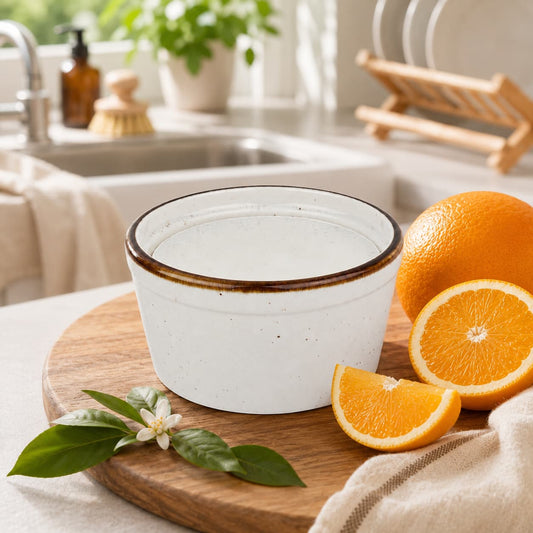 A white bowl filled with yogurt rests on a wooden board beside sliced oranges, green leaves, and a small white flower in a sunlit kitchen, where Jarhead Aromatics' Orange Handmade Natural Solid Dish Soap—a citrus kitchen cleaning bar with essential oils—adds a fresh touch to the natural décor.