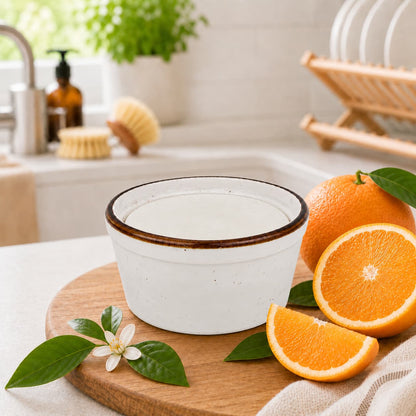 A bowl of yogurt sits on a wooden board beside whole and sliced oranges, green leaves, and a delicate white flower in a bright kitchen setting—a fresh scene enhanced by the lively scent of Jarhead Aromatics Orange Handmade Natural Solid Dish Soap, a citrus kitchen cleaning bar made with essential oils.