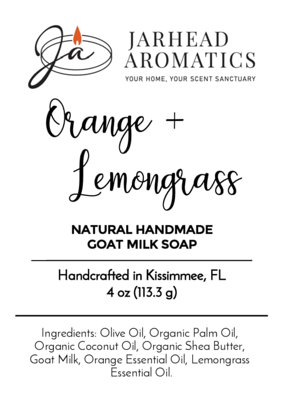 Product label for Jarhead Aromatics Orange + Lemongrass Natural Handmade Goat Milk Soap | Citrus Bar Soap, showing ingredients, weight, and location.