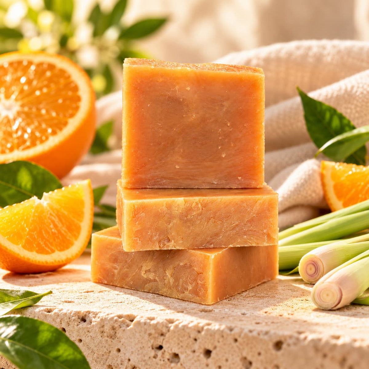 Three stacked bars of Jarhead Aromatics Orange + Lemongrass Natural Handmade Goat Milk Soap surrounded by fresh orange slices and stalks of lemongrass.
