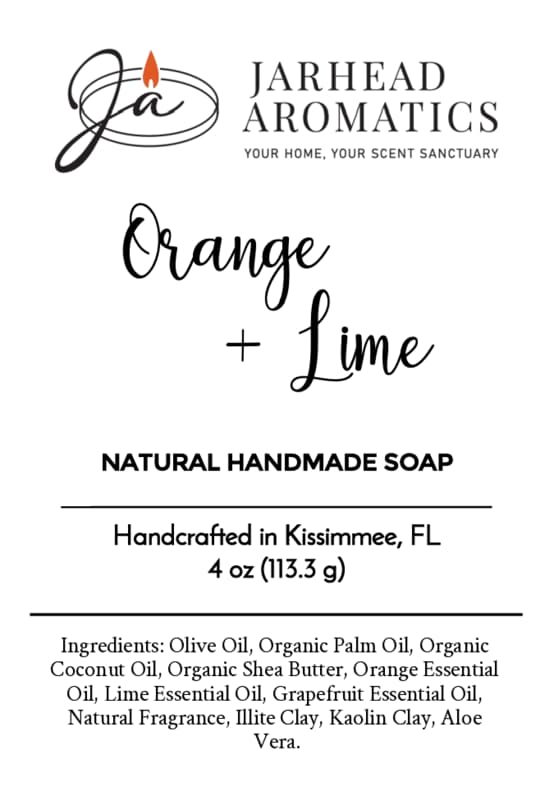 Product label for Orange + Lime Natural Handmade Soap | Citrus & Clay Bar Soap by Jarhead Aromatics, listing ingredients, weight, and location of origin for this artisan citrus soap.