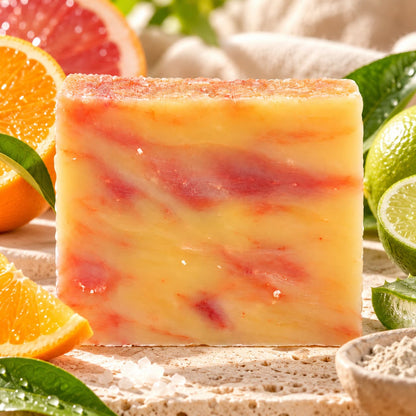 A rectangular bar of Orange + Lime Natural Handmade Soap | Citrus & Clay Bar Soap in marbled orange and cream, surrounded by slices of orange, grapefruit, and lime.