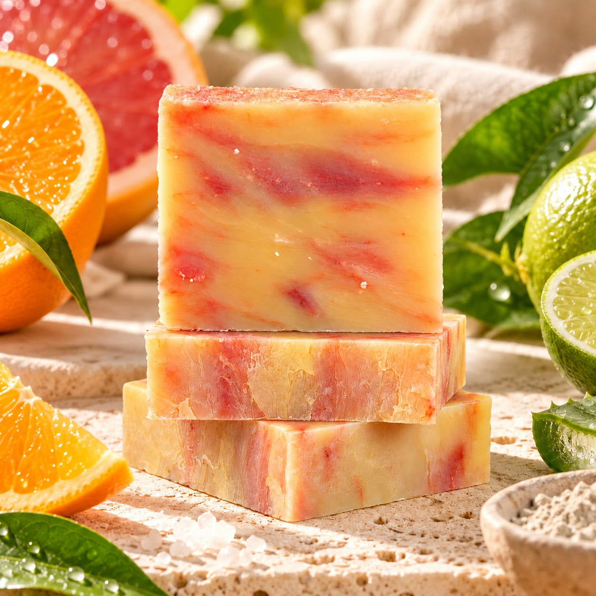 A stack of three rectangular Orange + Lime Natural Handmade Soap | Citrus & Clay Bar Soap bars surrounded by orange slices, limes, and aloe vera leaves.