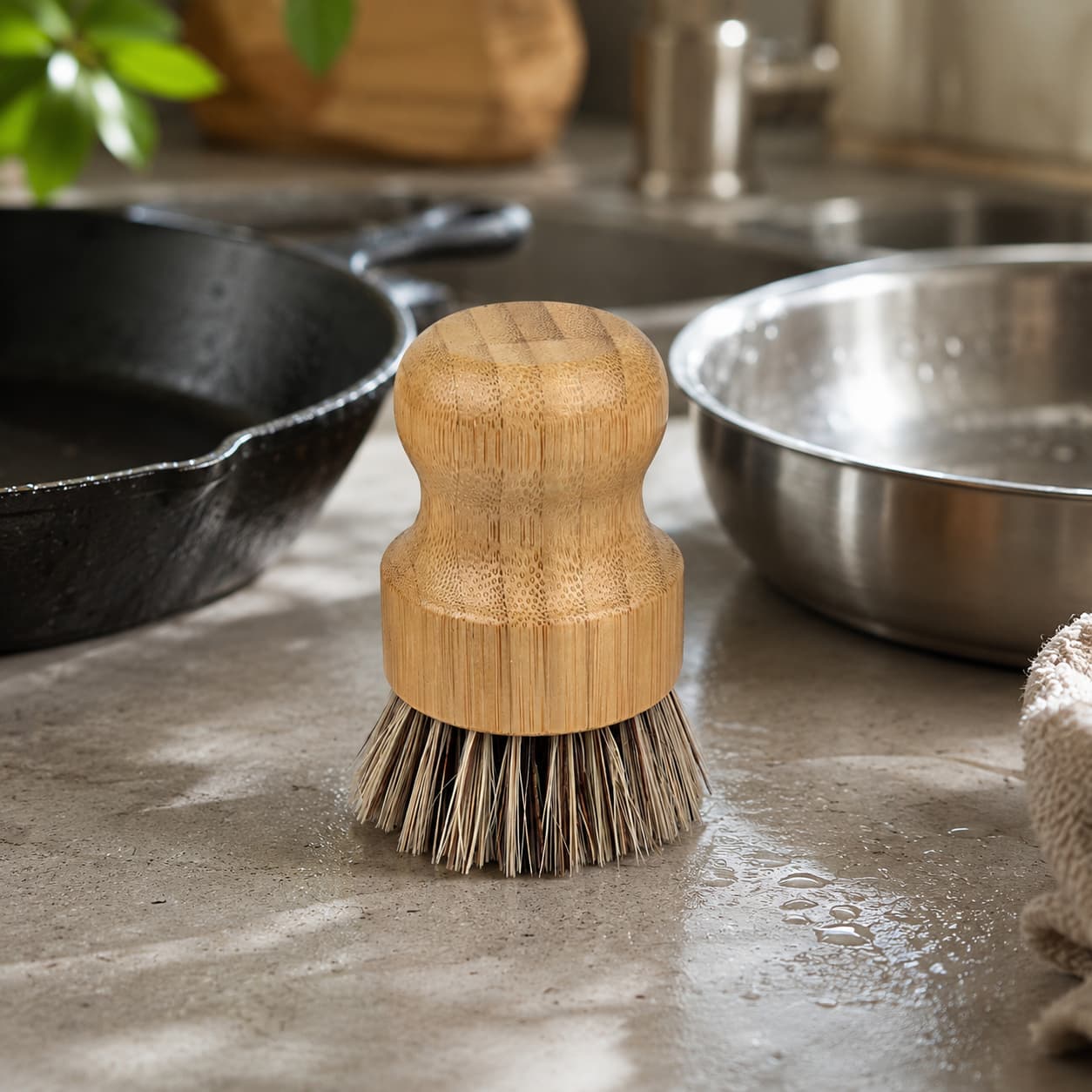 A Jarhead Aromatics Bamboo Handle Palm Fiber Palm Scrubber Brush stands upright on a kitchen counter near a cast iron skillet, a metal bowl, and a towel, sunlight streaming in. This natural heavy-duty kitchen cleaning brush adds both sustainability and style to your dishwashing routine.