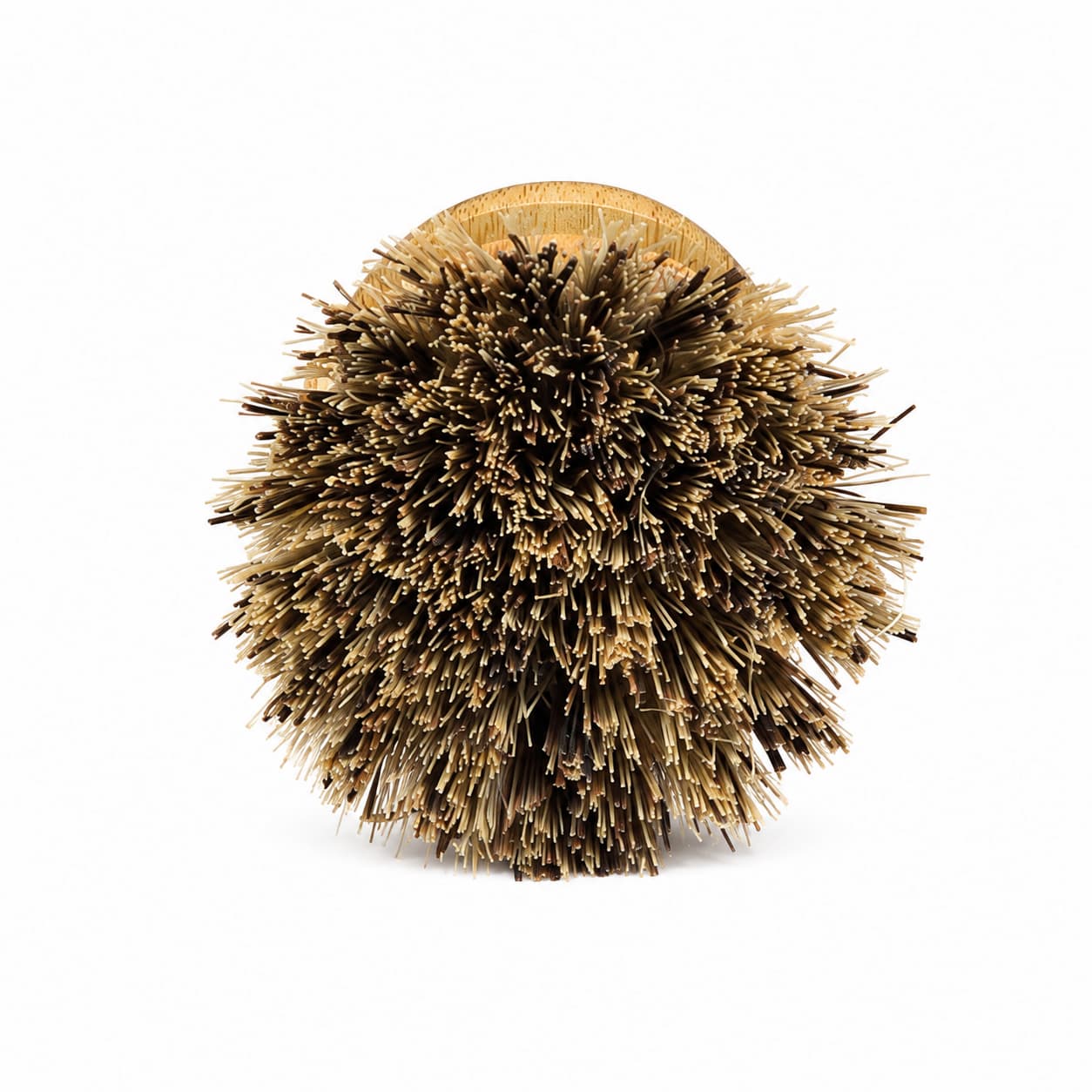 A round Jarhead Aromatics Bamboo Handle Palm & Sisal Fiber Scrubber Brush, photographed from above to highlight its densely packed, brown natural bristles fanning outward against a white background—an ideal choice from their Natural Kitchen Cleaning Brushes set for eco-friendly household care.