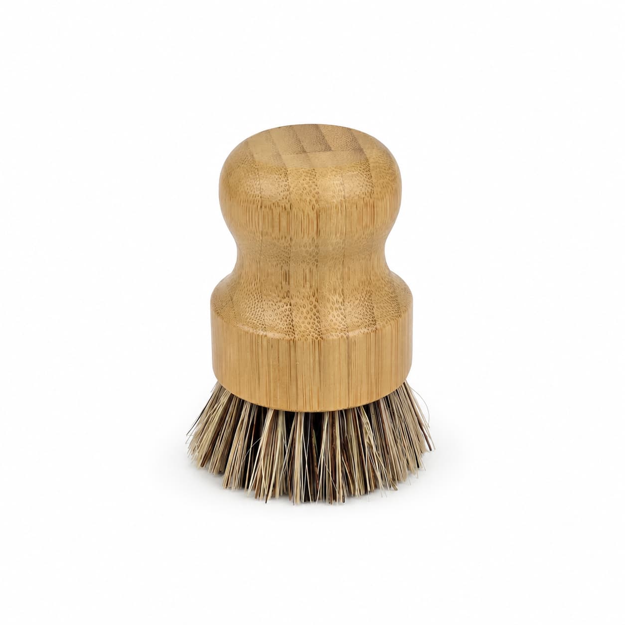 Introducing the Jarhead Aromatics Bamboo Handle Palm Fiber Palm Scrubber Brush—a natural, heavy-duty kitchen cleaning brush featuring an eco-friendly bamboo handle and stiff palm fiber bristles, displayed against a white background.