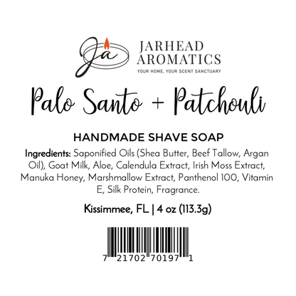 Label for Jarhead Aromatics Palo Santo + Patchouli Handmade Shave Soap | Natural Tallow & Goat Milk Shaving Soap, with ingredients, 4 oz weight, brand logo, Kissimmee FL location, and barcode at the bottom.