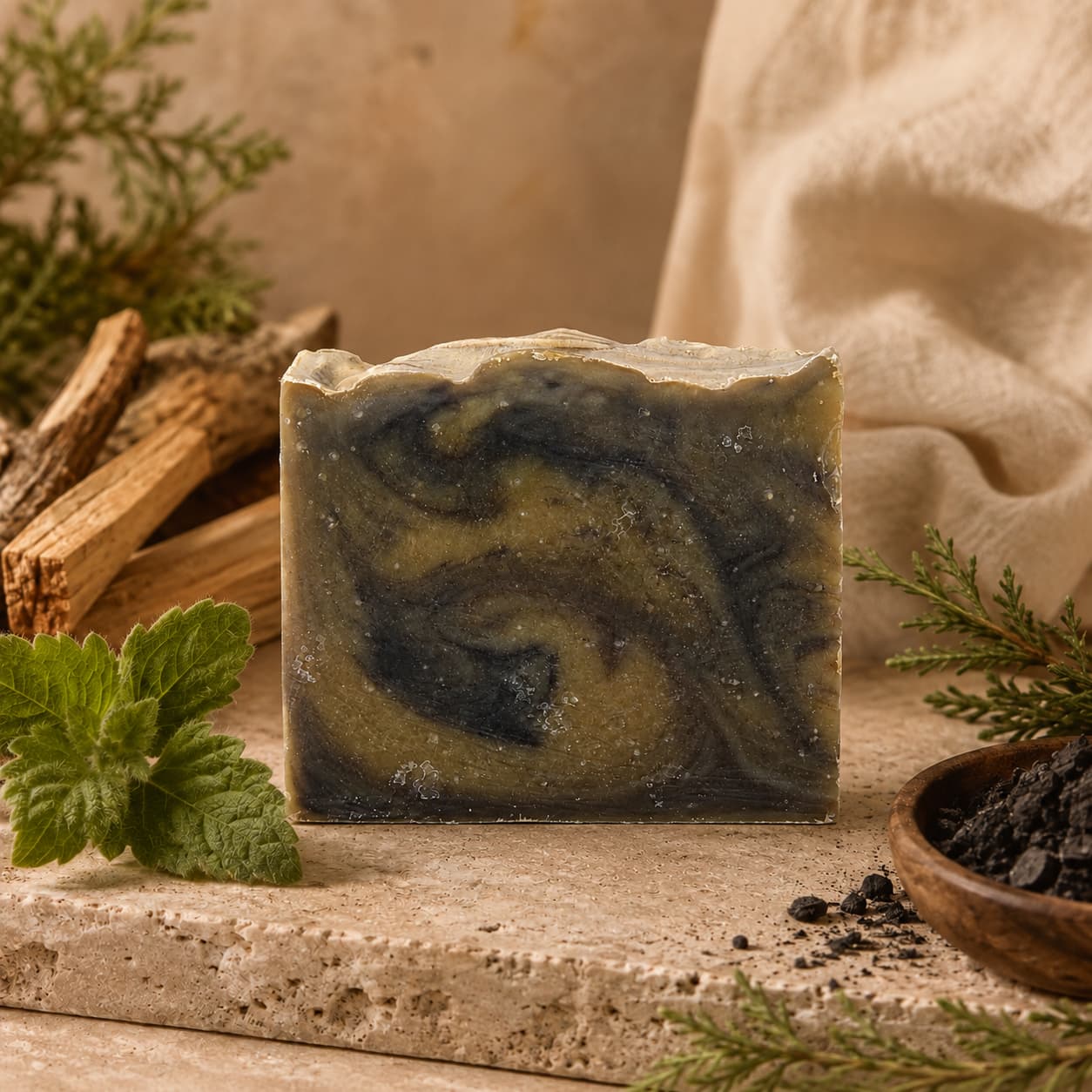 A handcrafted bar of Palo Santo + Patchouli Handmade Artisan Soap by Jarhead Aromatics, featuring swirling dark green and black patterns, rests on a stone surface surrounded by green leaves, wooden sticks, and a small bowl of dark powder.