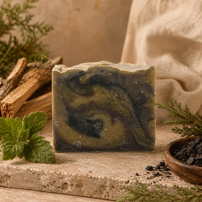 A handcrafted bar of Palo Santo + Patchouli Handmade Artisan Soap by Jarhead Aromatics, featuring swirling dark green and black patterns, rests on a stone surface surrounded by green leaves, wooden sticks, and a small bowl of dark powder.