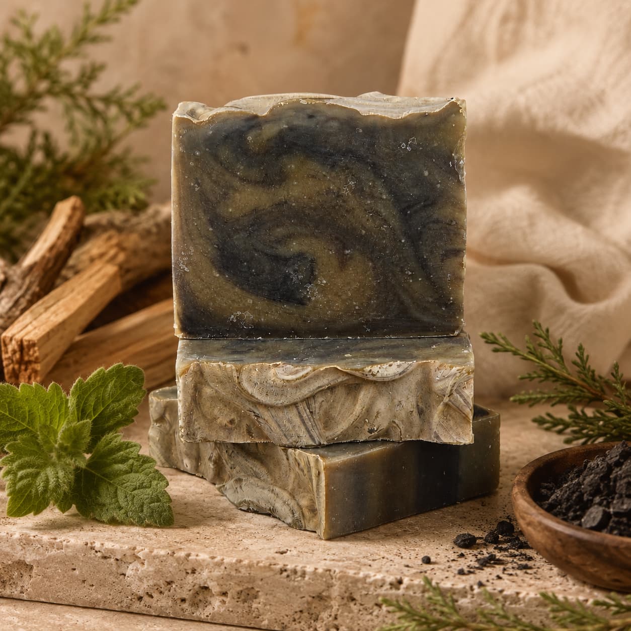 Three handmade bars of Jarhead Aromatics’ Palo Santo + Patchouli Handmade Artisan Soap, featuring a marbled gray and green design, are stacked on a stone surface amid herbs, wooden sticks, and beige fabric for a rustic touch. Infused with smoky woodsy notes and charcoal, this artisan soap blends the earthy aroma of patchouli with inviting hints of palo santo—perfect for elevating your natural self-care routine.