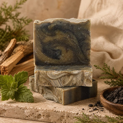 Three handmade bars of Jarhead Aromatics’ Palo Santo + Patchouli Handmade Artisan Soap, featuring a marbled gray and green design, are stacked on a stone surface amid herbs, wooden sticks, and beige fabric for a rustic touch. Infused with smoky woodsy notes and charcoal, this artisan soap blends the earthy aroma of patchouli with inviting hints of palo santo—perfect for elevating your natural self-care routine.