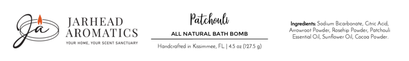 Label for Jarhead Aromatics Patchouli Bath Bomb - All Natural, with sodium bicarbonate, citric acid, patchouli essential oil & cocoa powder. Enjoy a spa-like soak in every 4.5 oz (127.5 g) bath bomb. Includes branding.