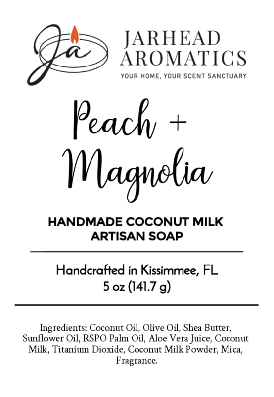 Label for Peach + Magnolia Handmade Coconut Milk Artisan Soap | Juicy Peach & Floral Magnolia Soap by Jarhead Aromatics, handcrafted in Kissimmee, FL. Made with premium ingredients such as coconut oil, shea butter, and fragrance. Net weight: 5 oz (141.7 g).